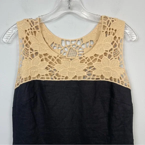 NWT LOFT Black Linen Shift Mini Dress Beige Crochet Lace Floral Neck Color Block - Picture 5 of 13